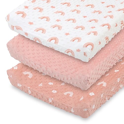 The Peanutshell Changing Pad Cover for Baby Girls, Rainbow Floral Plush Minky - Pink