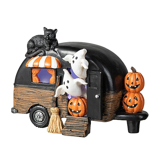 Glitzhome 9.25"Camperw/Ghost & Pumpkin & Cat Table Tabletop Decor