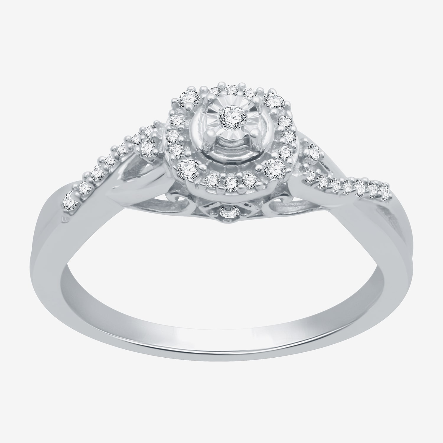 Promise My Love Womens 1/6 CT. T.W. Natural White Diamond Sterling Silver Round Side Stone Halo Promise Ring