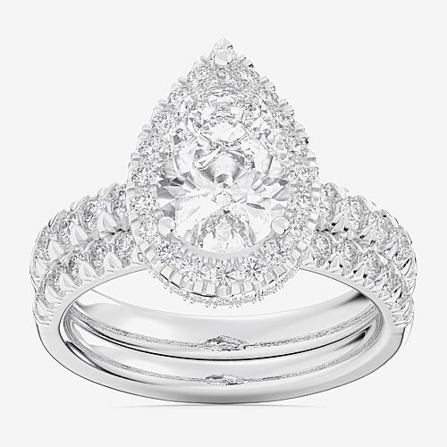 (G-H / Si1-Si2) Womens 1 5/8 CT. T.W. Lab Grown White Diamond 14K Gold Pear Side Stone Halo Bridal Set, 9, White