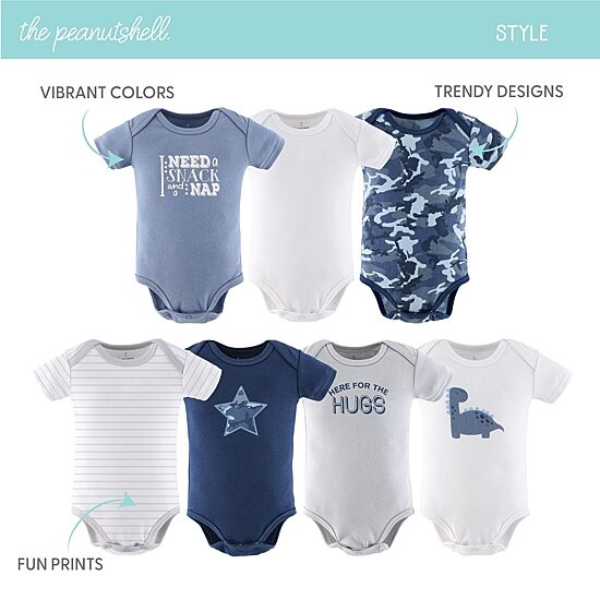 The Peanutshell Blue Camo Baby Boys Round Neck Short Sleeve 7-pc. Bodysuit