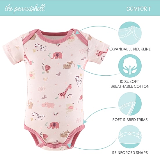 The Peanutshell Rainbow Safari Baby Girls Round Neck Short Sleeve 7-pc. Bodysuit