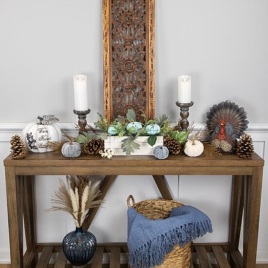 Northlight 18in Fall Harvest Foliage And Blue Pumpkins Planter