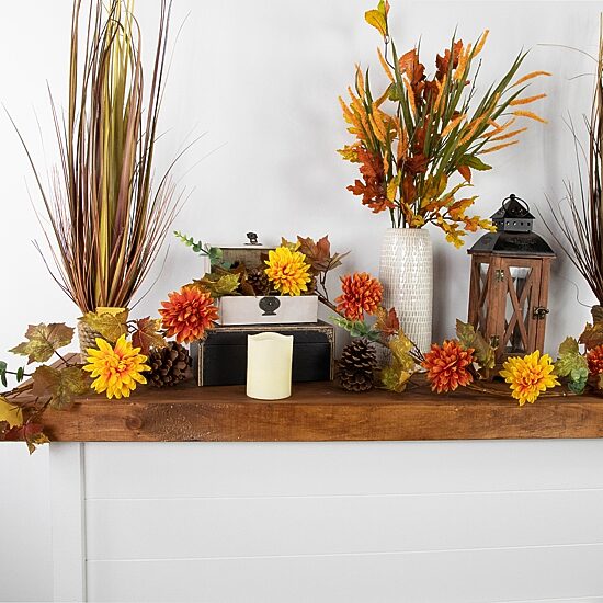 Northlight 5.5' X 6" Autumn Harvest Orange And Yellow Mums With Maple Leaves Indoor Garland