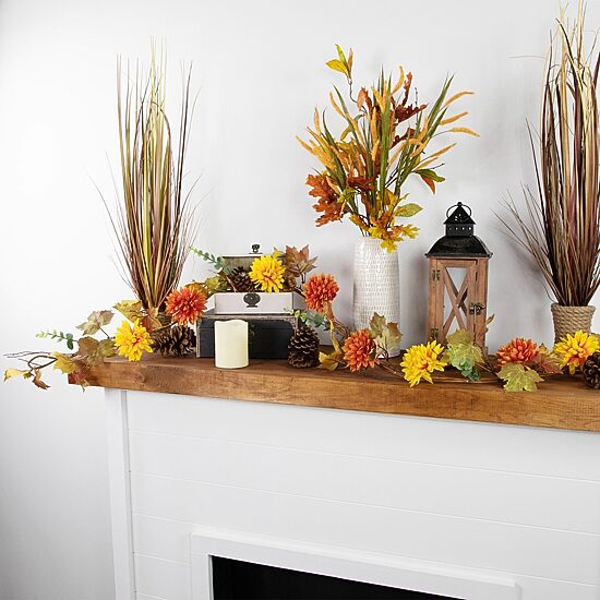 Northlight 5.5' X 6" Autumn Harvest Orange And Yellow Mums With Maple Leaves Indoor Garland