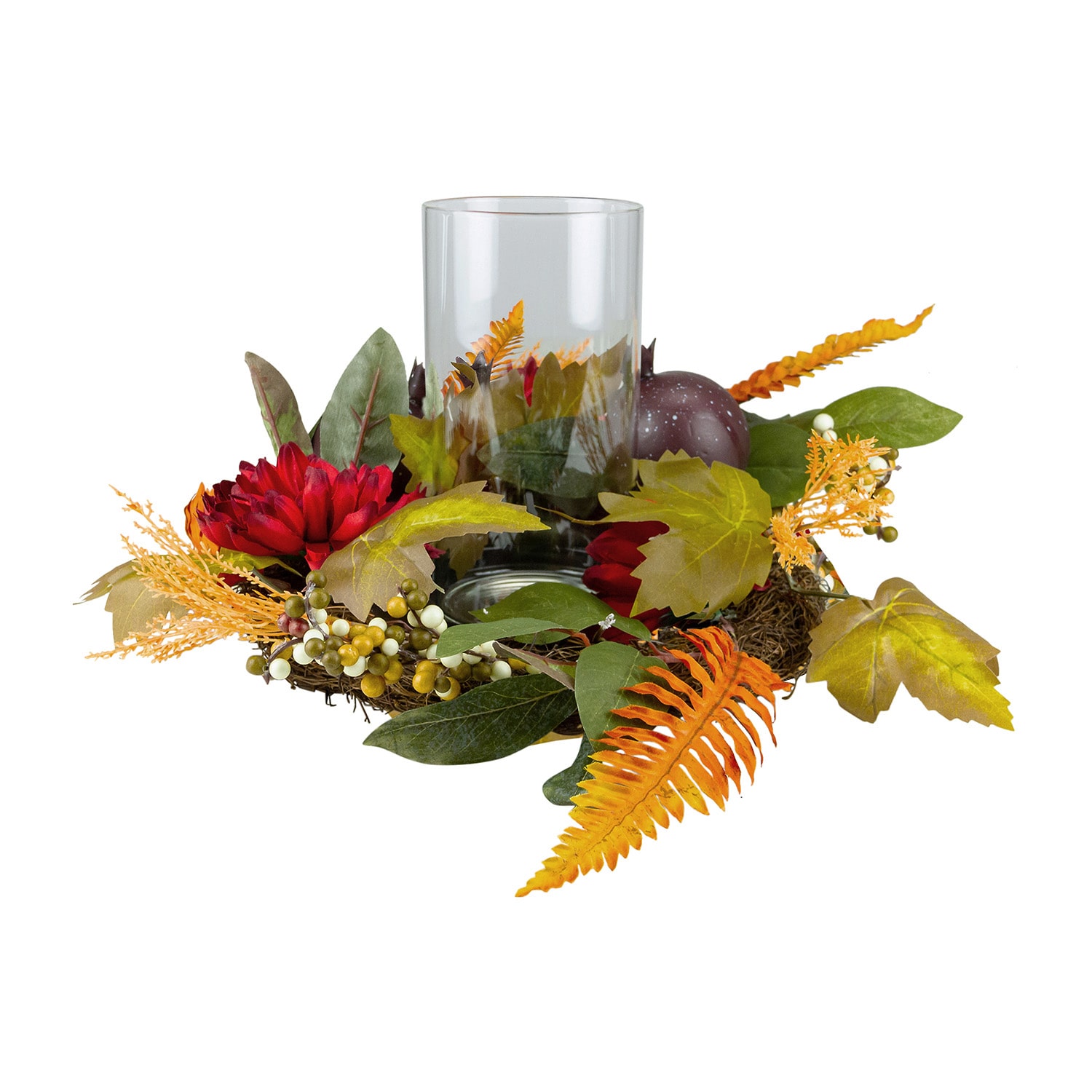 Northlight 22in Mums With Pomegranate Fall Centerpiece Candle Holder