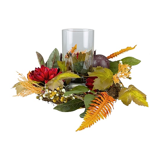 Northlight 22in Mums With Pomegranate Fall Centerpiece Candle Holder