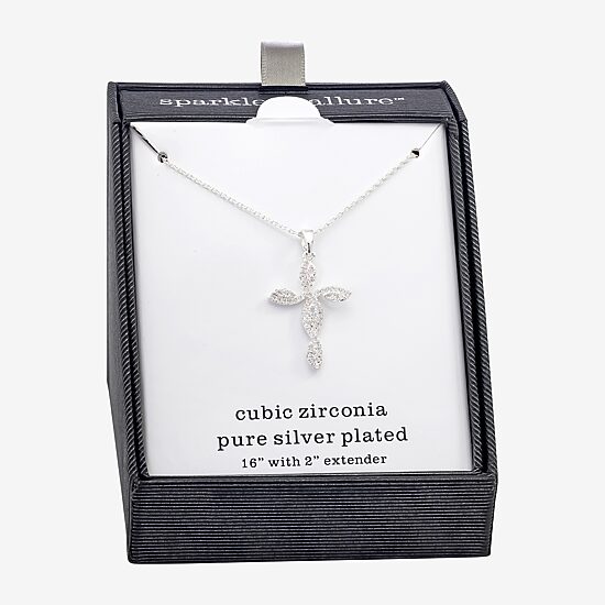 Sparkle Allure Womens Cubic Zirconia Pure Silver Over Brass Cross 16 Inch Pendant Necklace