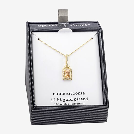 Sparkle Allure Womens Champagne Cubic Zirconia 14K Gold Over Brass Rectangular 16 Inch Pendant Necklace