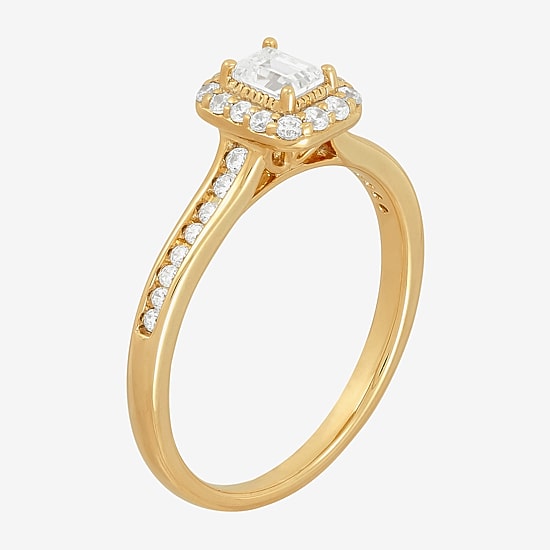 (H-I / Si1-Si2) Womens 1/2 CT. T.W. Lab Grown White Diamond 10K Gold Side Stone Halo Engagement Ring