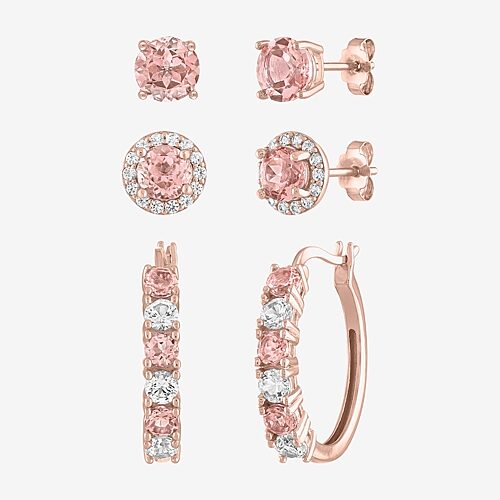 Gemstone 14K Gold Over Silver 3 Pair Jewelry Set, One Size, Pink