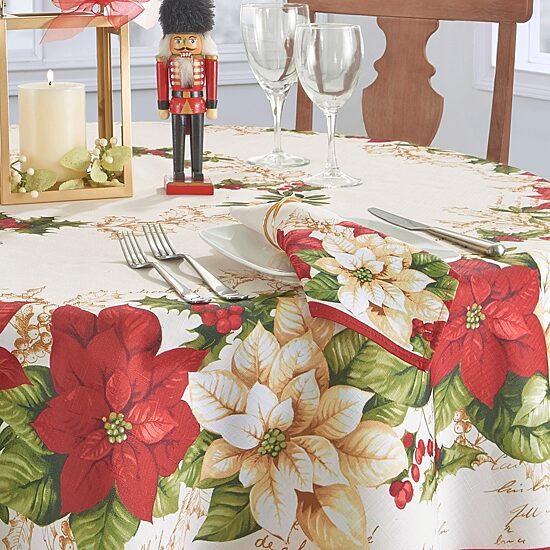 Threadmade Red White Poinsettia 70x70 Tablecloth
