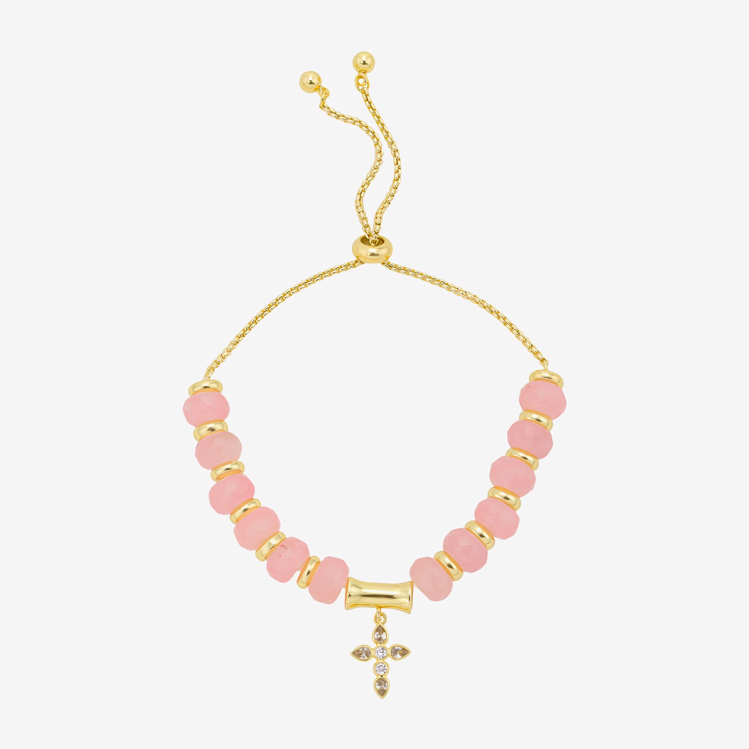 Footnotes Charm Beaded Womens Pink Quartz 10K Gold Over Brass Cross Bolo Bracelet