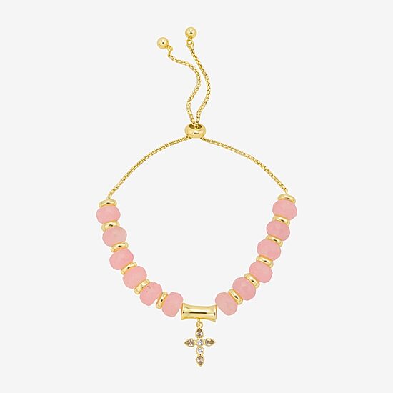 Footnotes Charm Beaded Womens Pink Quartz 10K Gold Over Brass Cross Bolo Bracelet