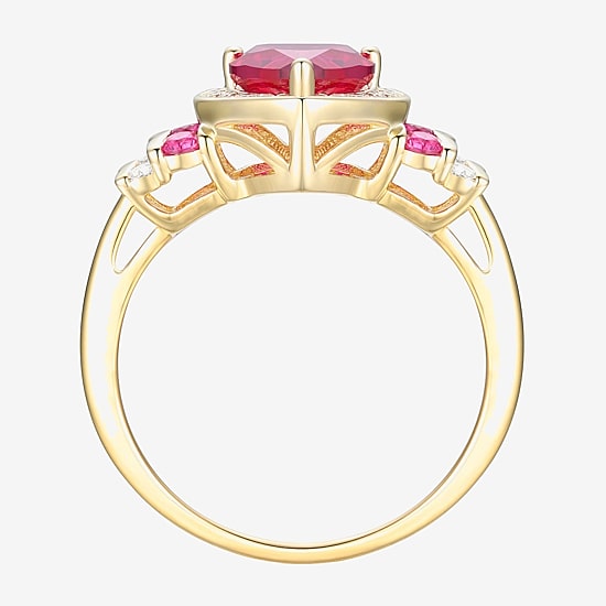 Womens Lab Created Red Ruby 14K Gold Over Silver Heart Halo Cocktail Ring