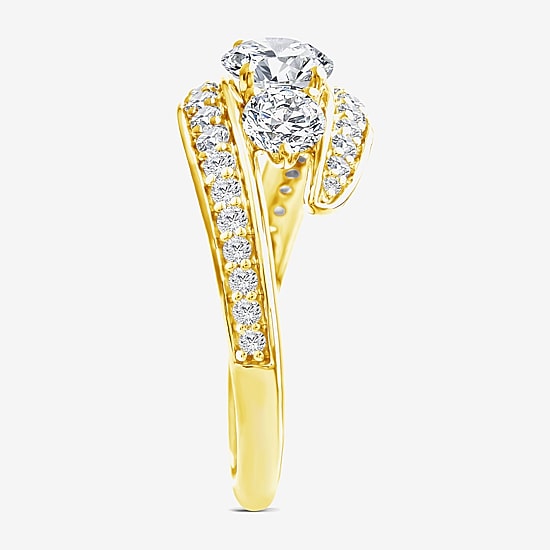 (F / Si2) Womens 1 1/2 CT. T.W. Lab Grown White Diamond 10K Gold 3-Stone Side Stone Cocktail Ring
