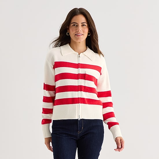 St. John's Bay Womens Long Sleeve Open Front Zipper Striped Cardigan