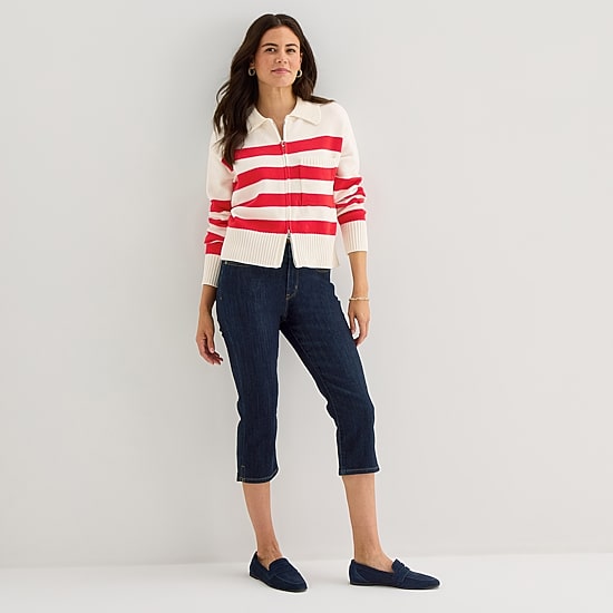 St. John's Bay Womens Long Sleeve Open Front Zipper Striped Cardigan