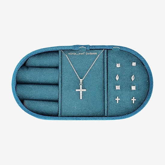 olivia and jackson Womens Cubic Zirconia Pure Silver Over Brass Cross Round Marquise 5-pc. Jewelry Set with Travel Case