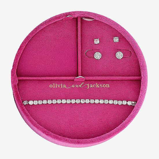 olivia and jackson Womens Cubic Zirconia Pure Silver Over Brass Round 3-pc. Jewelry Set with Travel Case