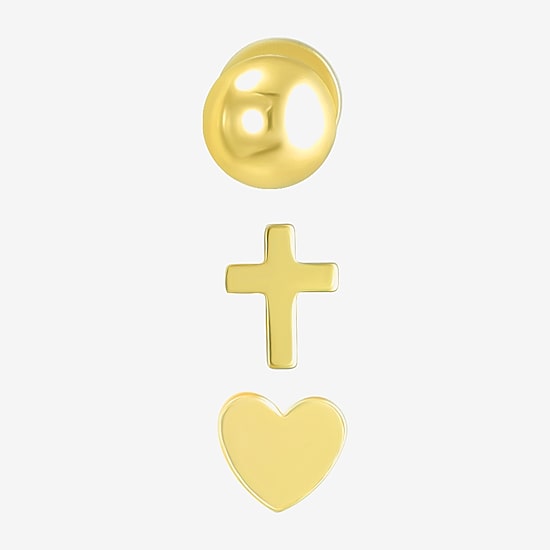 Gold Addiction Womens 10K Gold Ball Cross Heart 3 Pair Earring Set