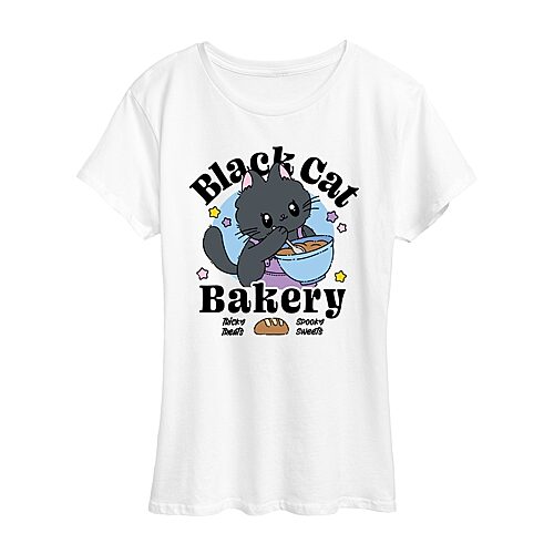 Black Cat Bakery Womens Crew Neck Short Sleeve Regular Fit Graphic T-Shirt, Medium, White