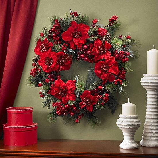 Nearly Natural 24in Poinsettia Wreath