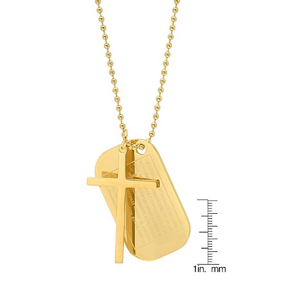 Lord'S Prayer Mens 18K Gold Over Stainless Steel Cross Dog Tag 30 Inch Pendant Necklace