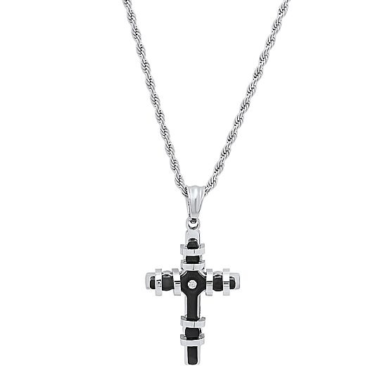 Mens Diamond Accent Cubic Zirconia Stainless Steel Cross 18 Inch Pendant Necklace