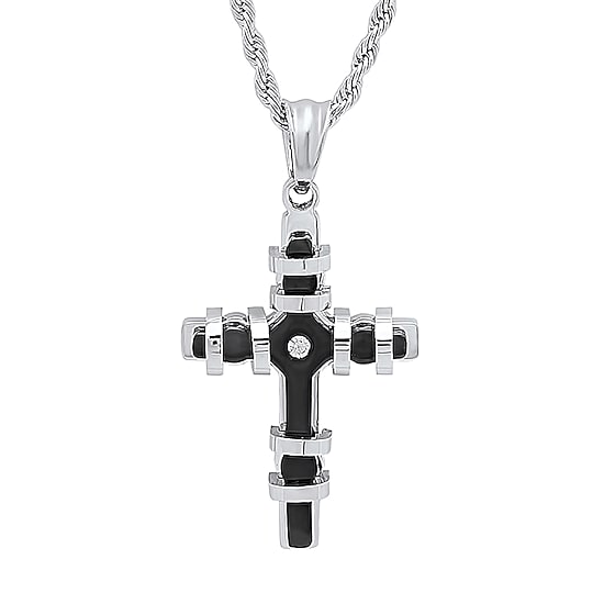 Mens Diamond Accent Cubic Zirconia Stainless Steel Cross 18 Inch Pendant Necklace