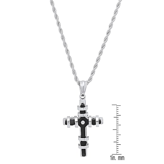 Mens Diamond Accent Cubic Zirconia Stainless Steel Cross 18 Inch Pendant Necklace