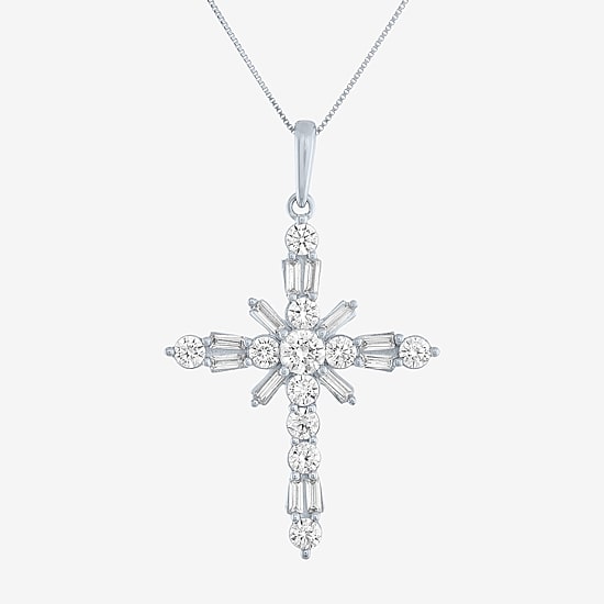 (G-H / Si2-I1) Womens 1 CT. T.W. Lab Grown White Diamond 10K Gold Cross 18 Inch Pendant Necklace