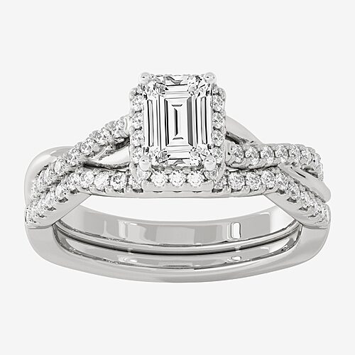 (H-I / Si1-Si2) Womens 1 1/5 CT. T.W. Lab Grown White Diamond 10K White Gold Side Stone Halo Bridal Set, 9, White