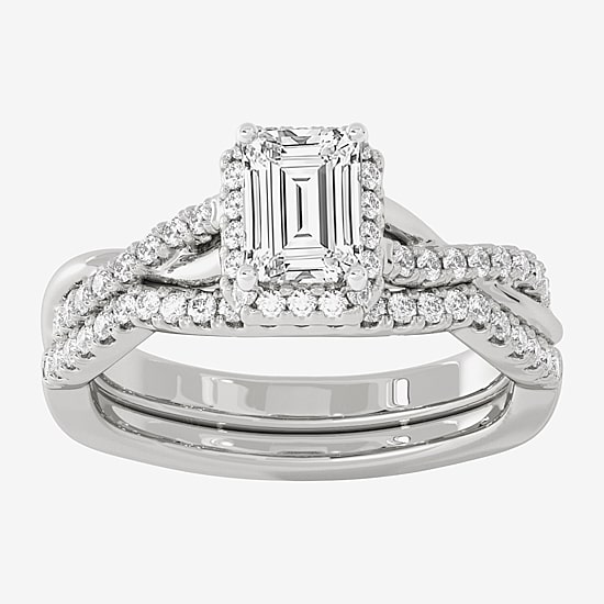 (H-I / Si1-Si2) Womens 1 1/5 CT. T.W. Lab Grown White Diamond 10K White Gold Side Stone Halo Bridal Set