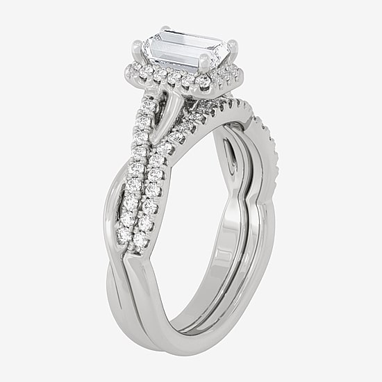 (H-I / Si1-Si2) Womens 1 1/5 CT. T.W. Lab Grown White Diamond 10K White Gold Side Stone Halo Bridal Set