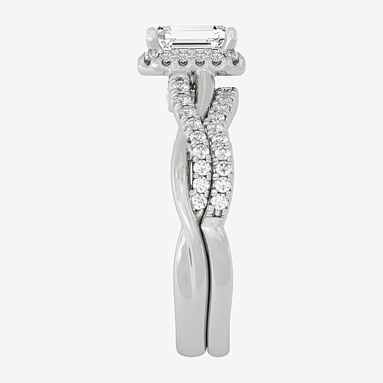 (H-I / Si1-Si2) Womens 1 1/5 CT. T.W. Lab Grown White Diamond 10K White Gold Side Stone Halo Bridal Set