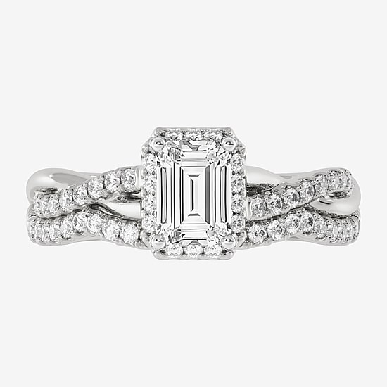 (H-I / Si1-Si2) Womens 1 1/5 CT. T.W. Lab Grown White Diamond 10K White Gold Side Stone Halo Bridal Set