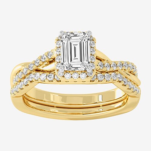 (H-I / Si1-Si2) Womens 1 1/5 CT. T.W. Lab Grown White Diamond 10K White Gold Side Stone Halo Bridal Set, 9, Yellow