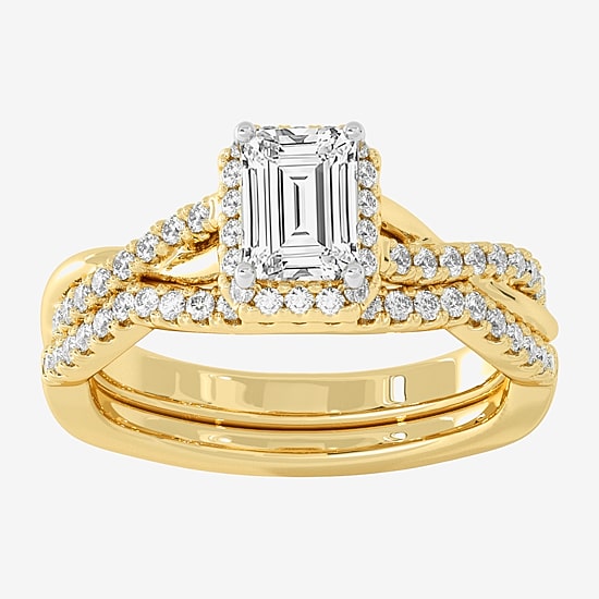 (H-I / Si1-Si2) Womens 1 1/5 CT. T.W. Lab Grown White Diamond 10K White Gold Side Stone Halo Bridal Set