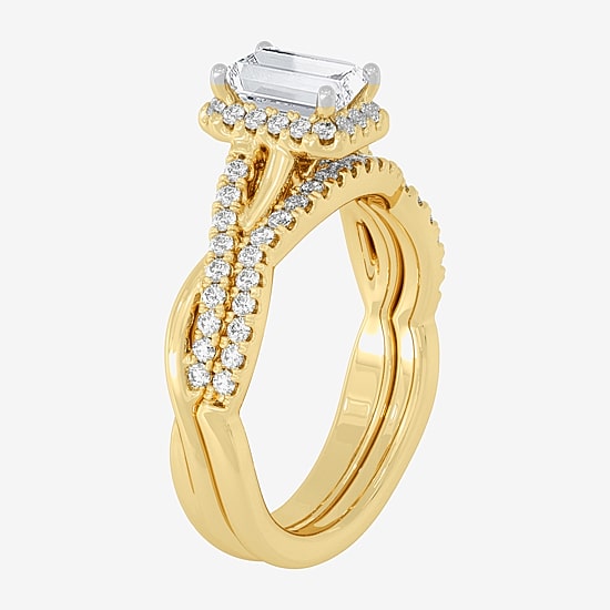 (H-I / Si1-Si2) Womens 1 1/5 CT. T.W. Lab Grown White Diamond 10K White Gold Side Stone Halo Bridal Set