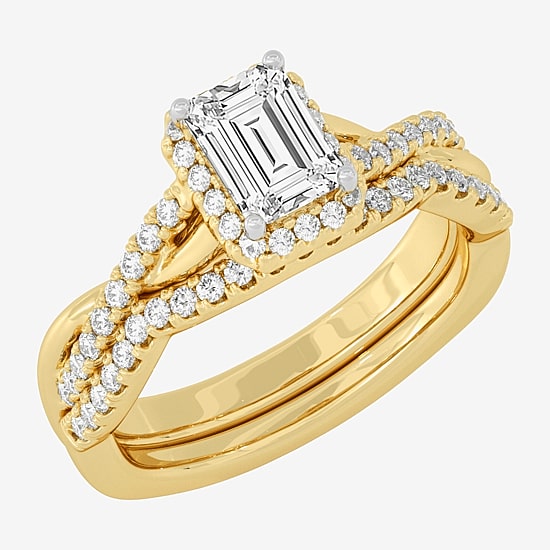(H-I / Si1-Si2) Womens 1 1/5 CT. T.W. Lab Grown White Diamond 10K White Gold Side Stone Halo Bridal Set