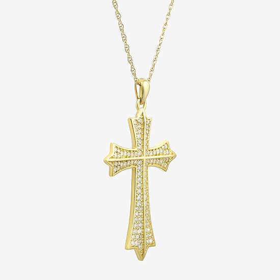 Mens White Cubic Zirconia 14K Gold Cross Pendant Necklace