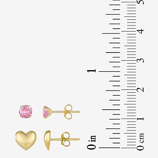 Womens Pink Cubic Zirconia 10K Gold Heart 2 Pair Earring Set