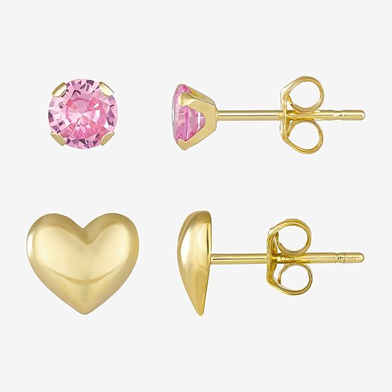 Womens Pink Cubic Zirconia 10K Gold Heart 2 Pair Earring Set