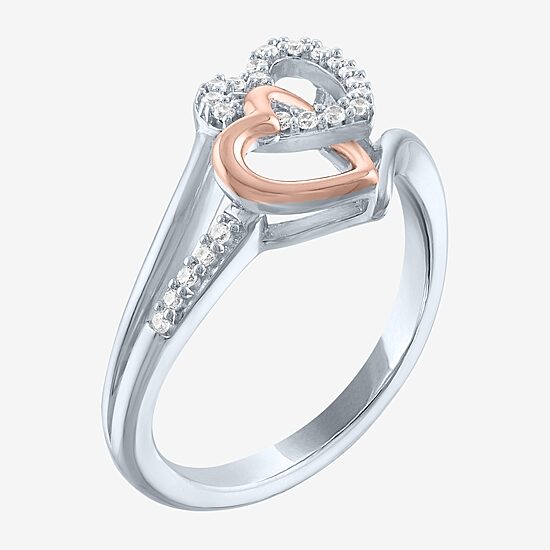 (G-H / Si2-I1) Womens 1/10 CT. T.W. Lab Grown White Diamond 14K Rose Gold Over Silver Sterling Silver Heart Bypass  Cocktail Ring