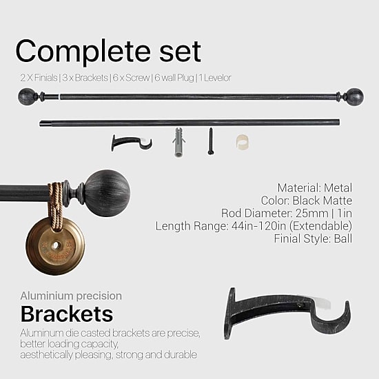 Deco Window Brushed Globe 1 IN Adjustable Curtain Rod