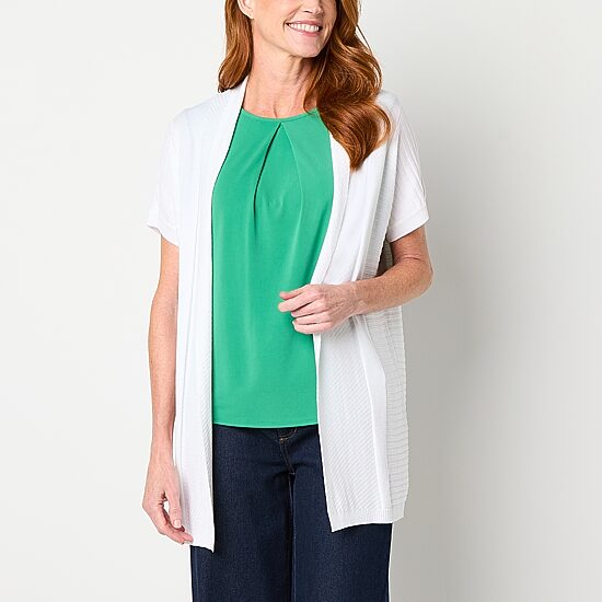 Liz Claiborne Womens Short Sleeve Open Front Cardigan