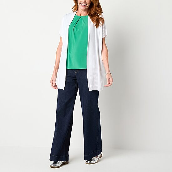 Liz Claiborne Womens Short Sleeve Open Front Cardigan