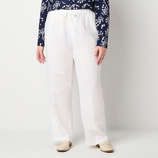 Liz Claiborne Linen Womens Plus Wide Leg Mid Rise Drawstring Pant