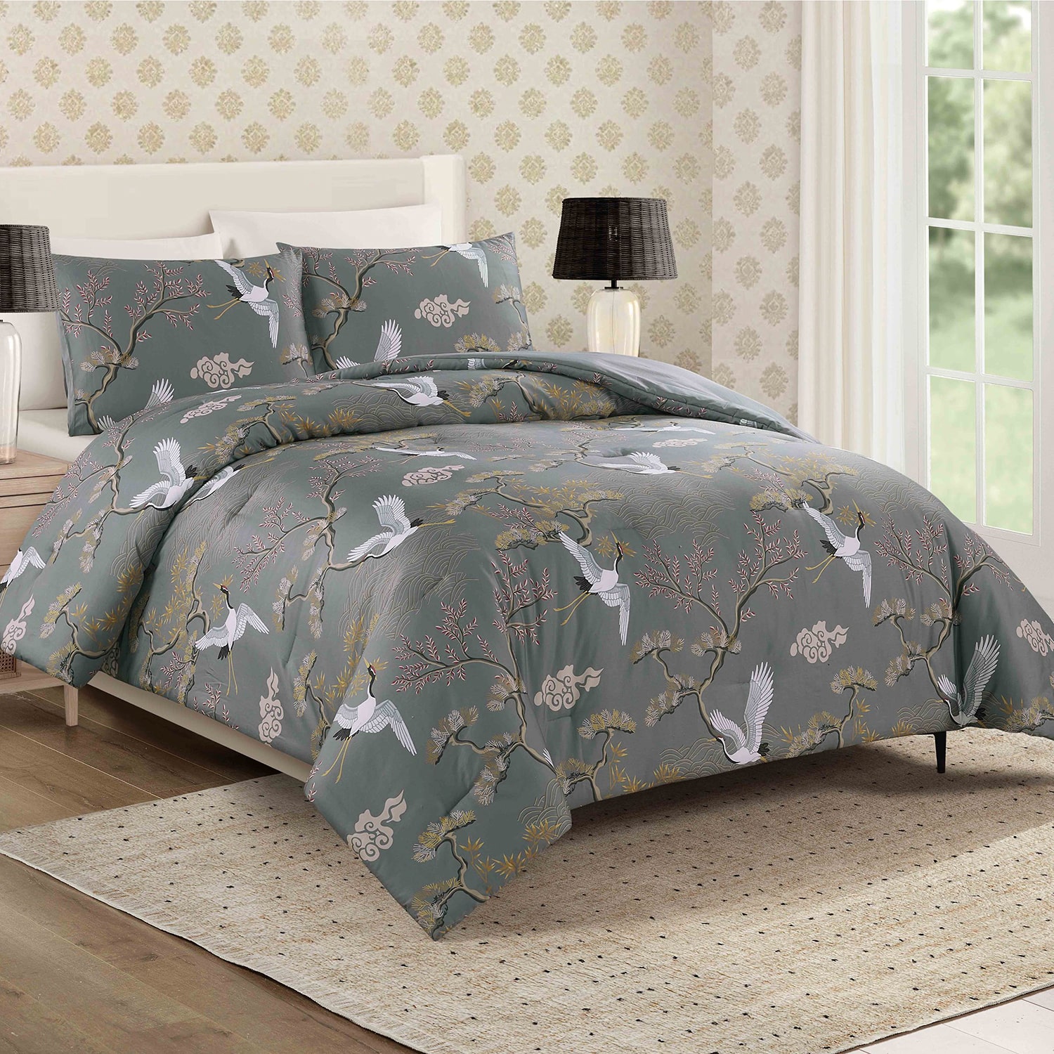 Dee Ocleppo Cranes 3-pc. Floral Reversible Comforter Set